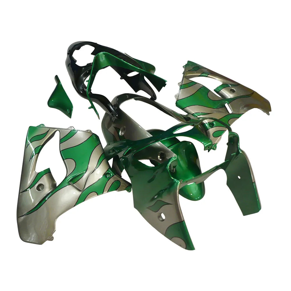 Kawasaki ZX-9R 2000-2001 Silver Pearl Green Flame fairing kit side layout without logos-image 2