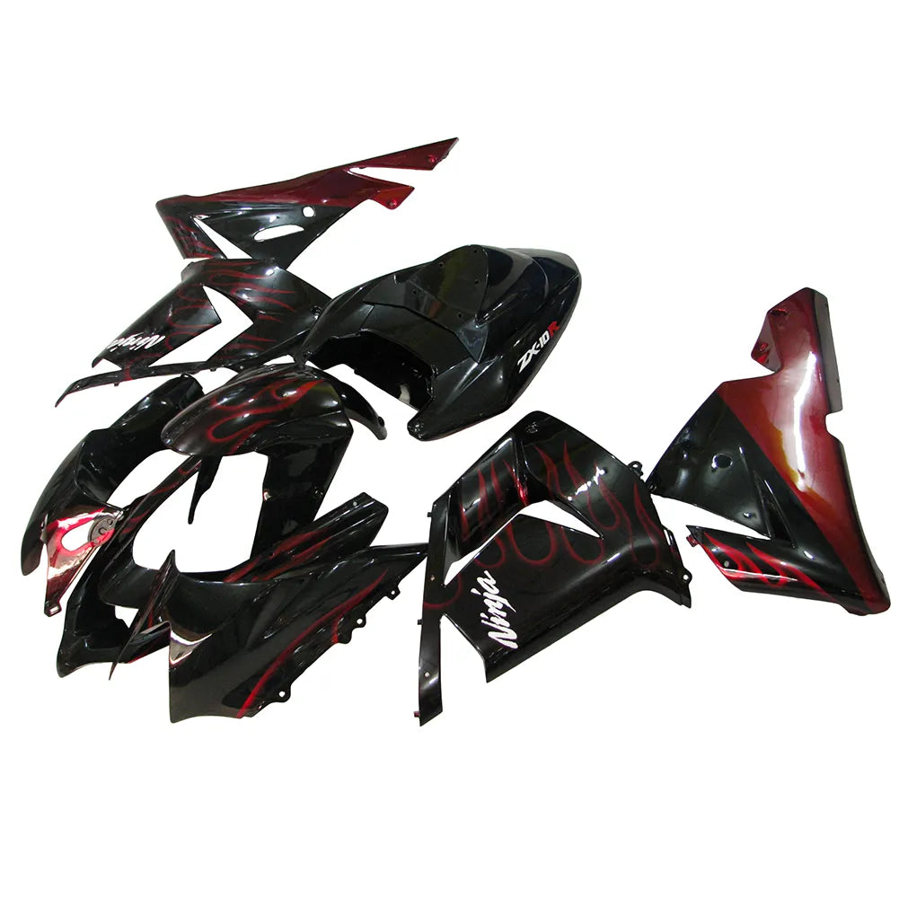 Kawasaki ZX-10R 2004-2005 Red Flame full fairing kit front layout without logos