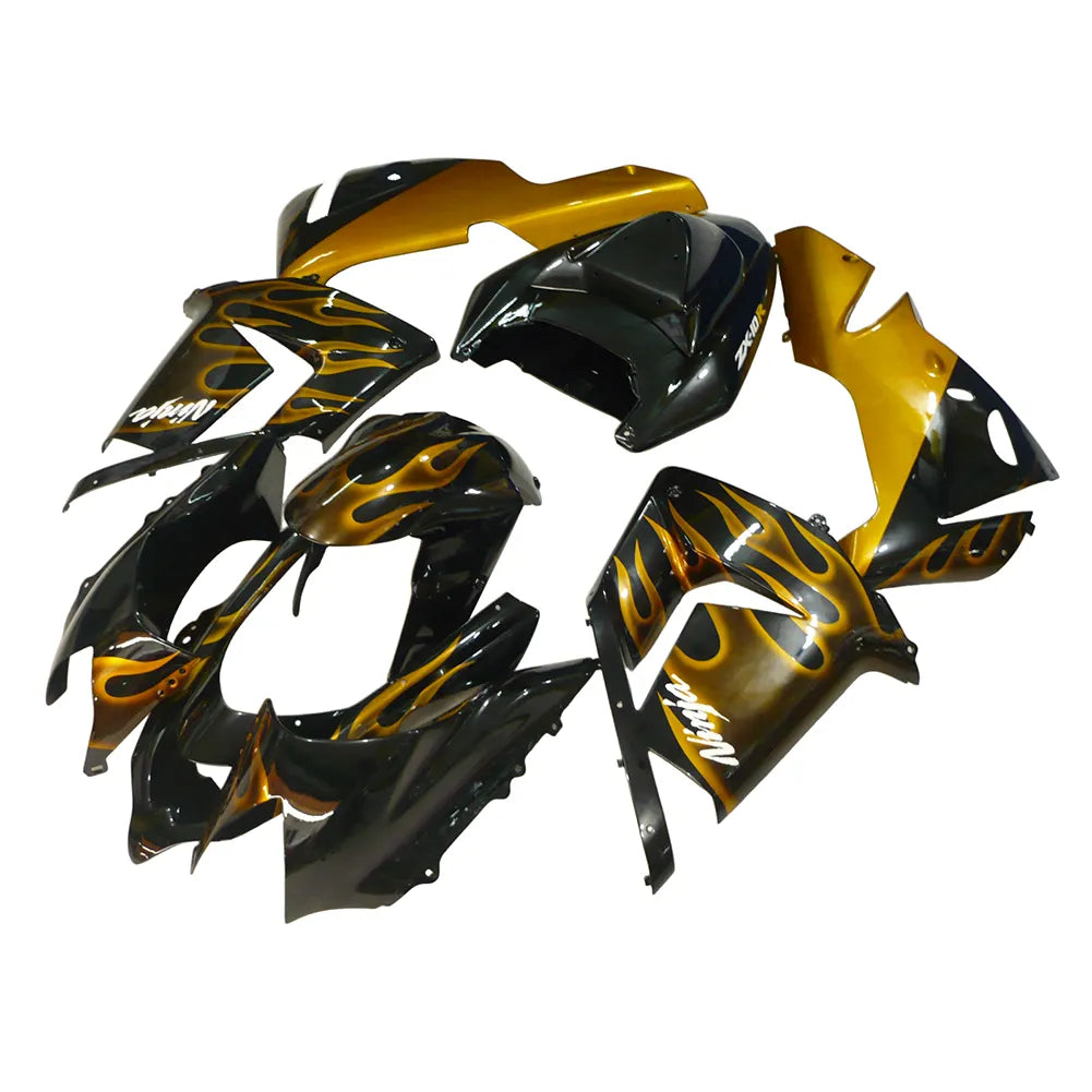 Kawasaki ZX-10R 2004-2005 Gold Flame Style B full fairing kit component layout without logos