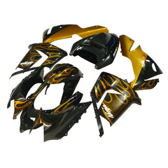 Kawasaki ZX-10R 2004-2005 Gold Flame Style B full fairing kit component layout without logos