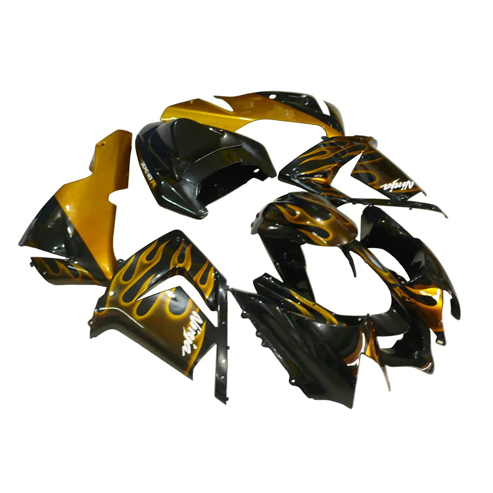 Kawasaki ZX-10R 2004-2005 Gold Flame Style B full fairing kit front layout without logos