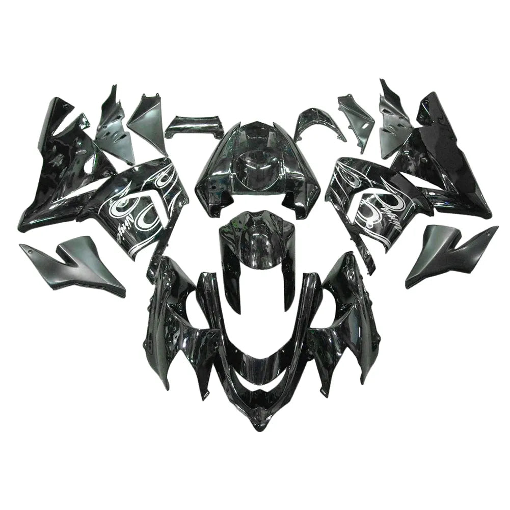 Kawasaki ZX-10R 2004-2005 Black White Flame full fairing kit component layout without logos