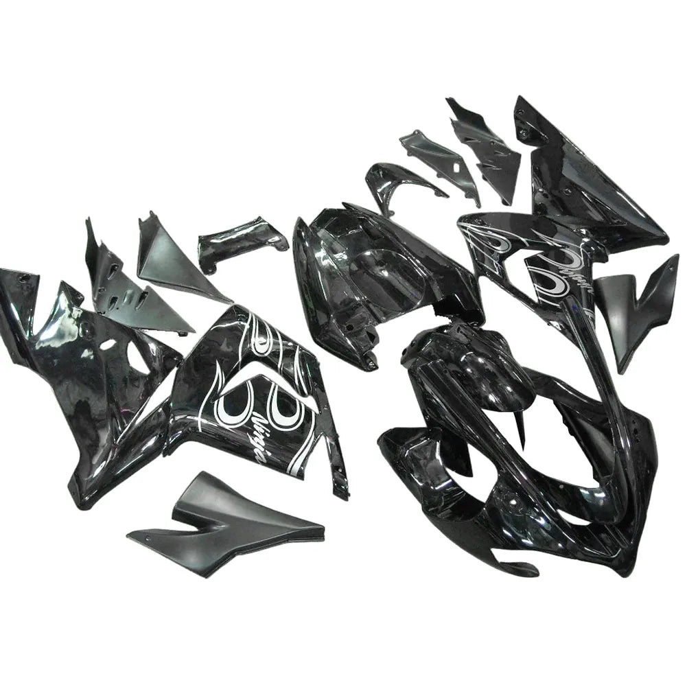 Kawasaki ZX-10R 2004-2005 Black White Flame full fairing kit front layout without logos