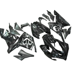 Kawasaki ZX-10R 2004-2005 Black White Flame full fairing kit front layout without logos