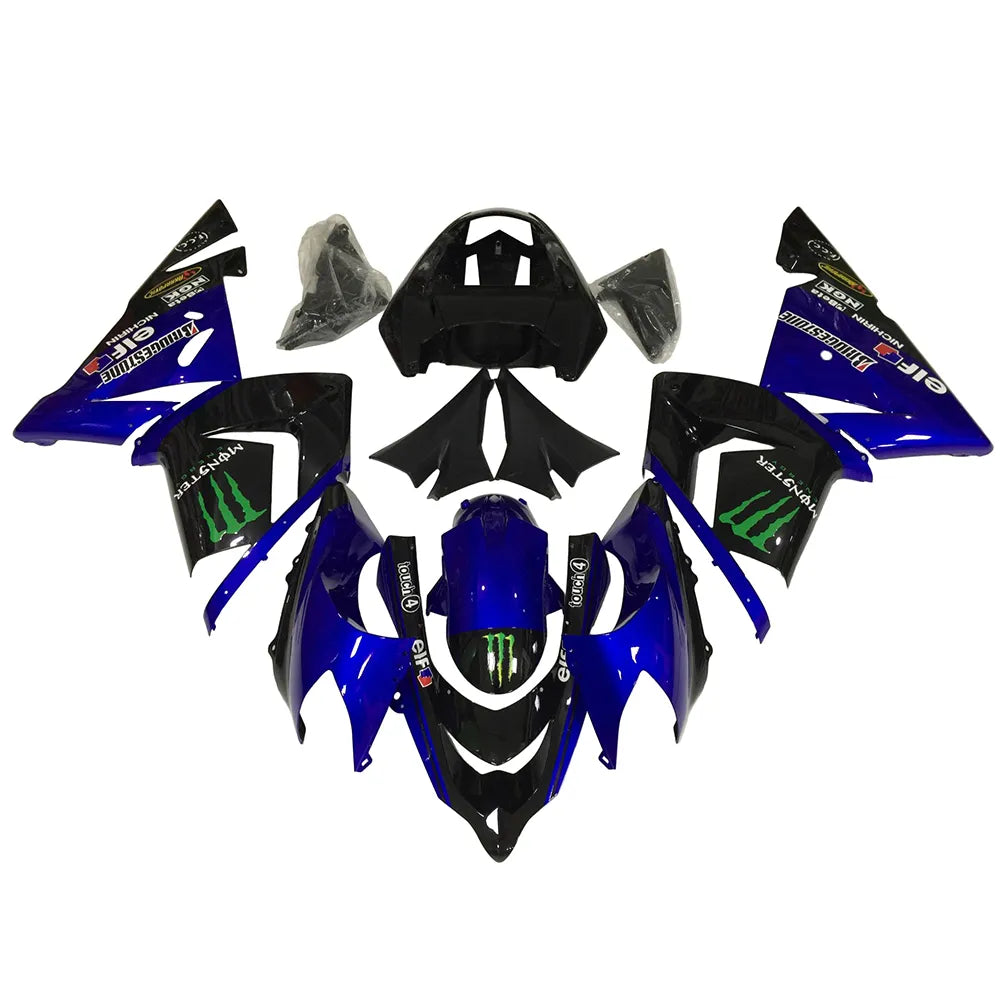 Kawasaki ZX-10R 2004-2005 Black Blue Green Claw full fairing kit component layout without logos
