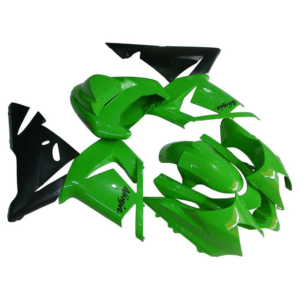 Kawasaki ZX-10R 2004-2005 Matte Black Green Lettered Style A full fairing kit component layout without logos