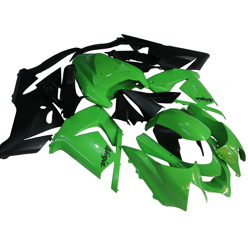 Kawasaki ZX-10R 2004-2005 Matte Black Green Lettered Style B full fairing kit front layout without logos