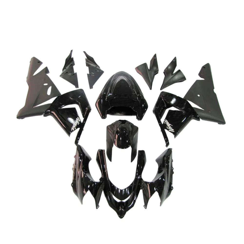 Kawasaki ZX-10R 2004-2005 Black Lettered full fairing kit component layout without logos