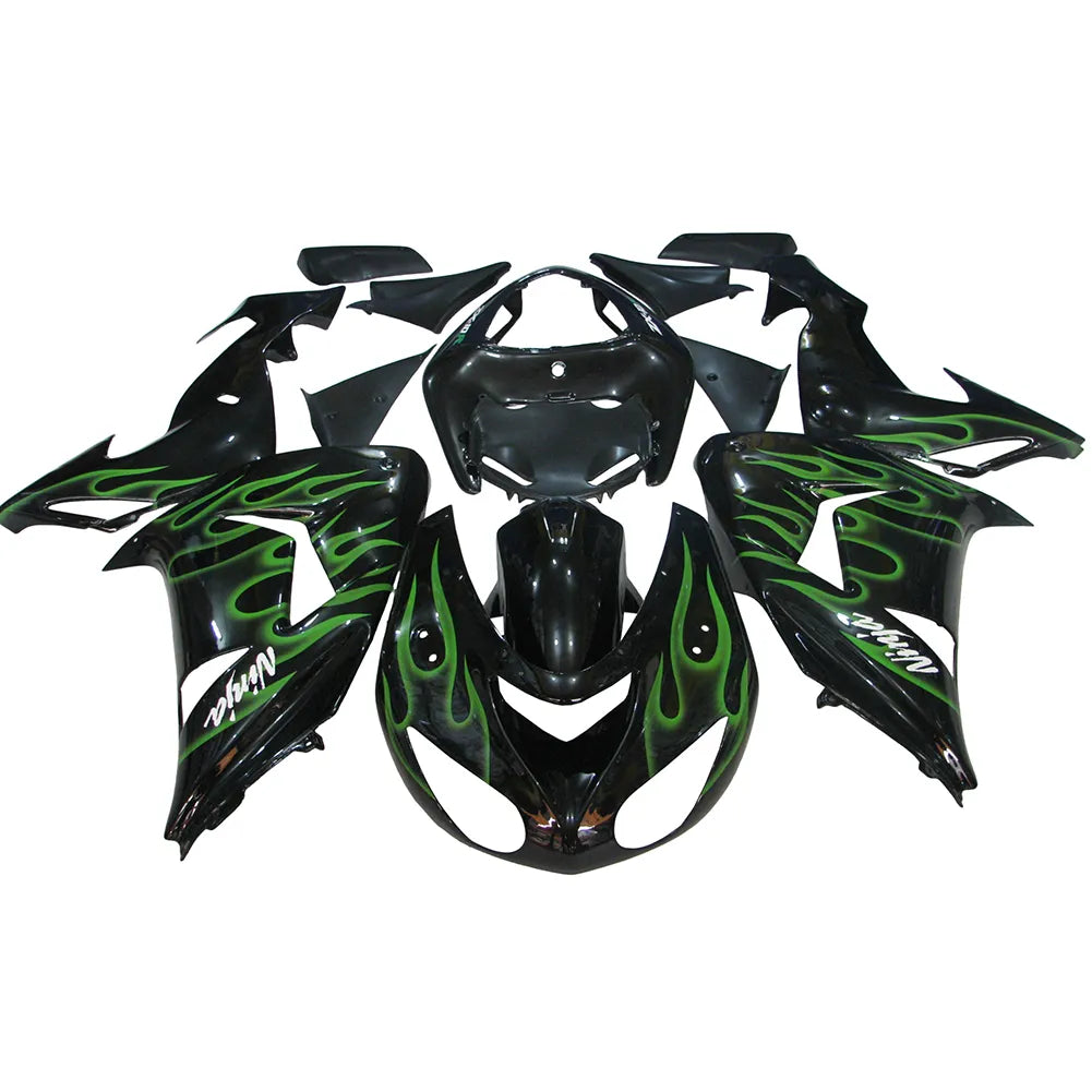 Kawasaki ZX-10R 2006-2007 Green Flame full fairing kit component layout without logos