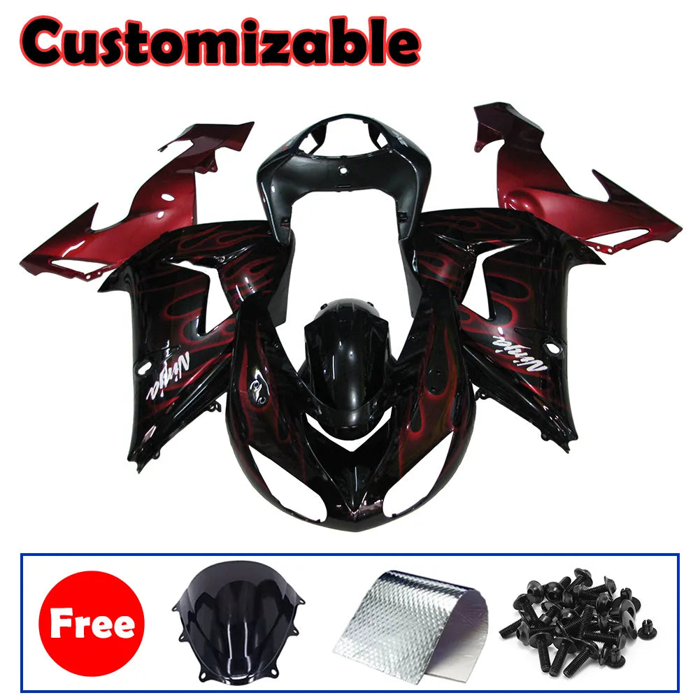 Kawasaki ZX-10R 2006-2007 Red Flame Style B full fairing kit with accessories without logos