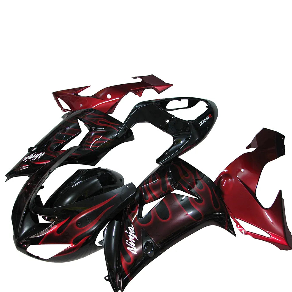 Kawasaki ZX-10R 2006-2007 Red Flame Style B full fairing kit component layout without logos