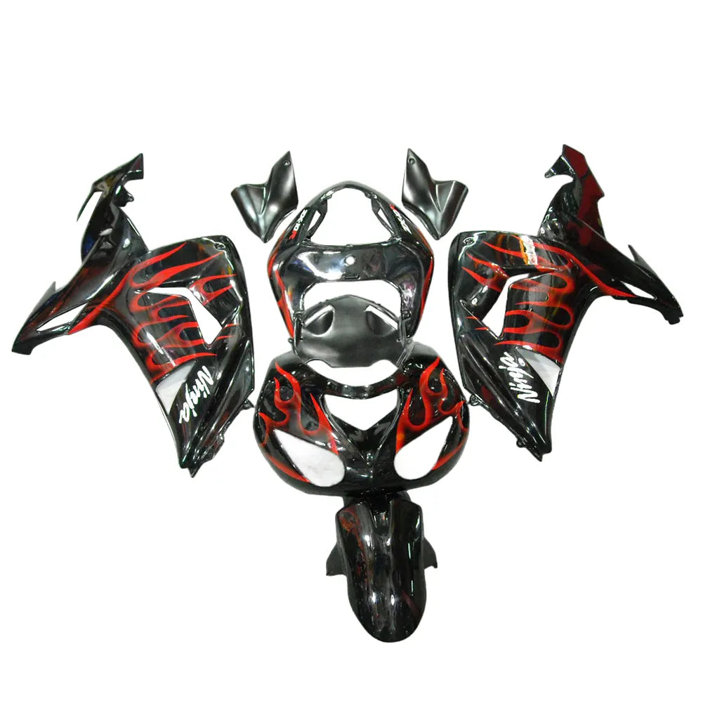 Kawasaki ZX-10R 2006-2007 Red Flame Style C full fairing kit component layout without logos