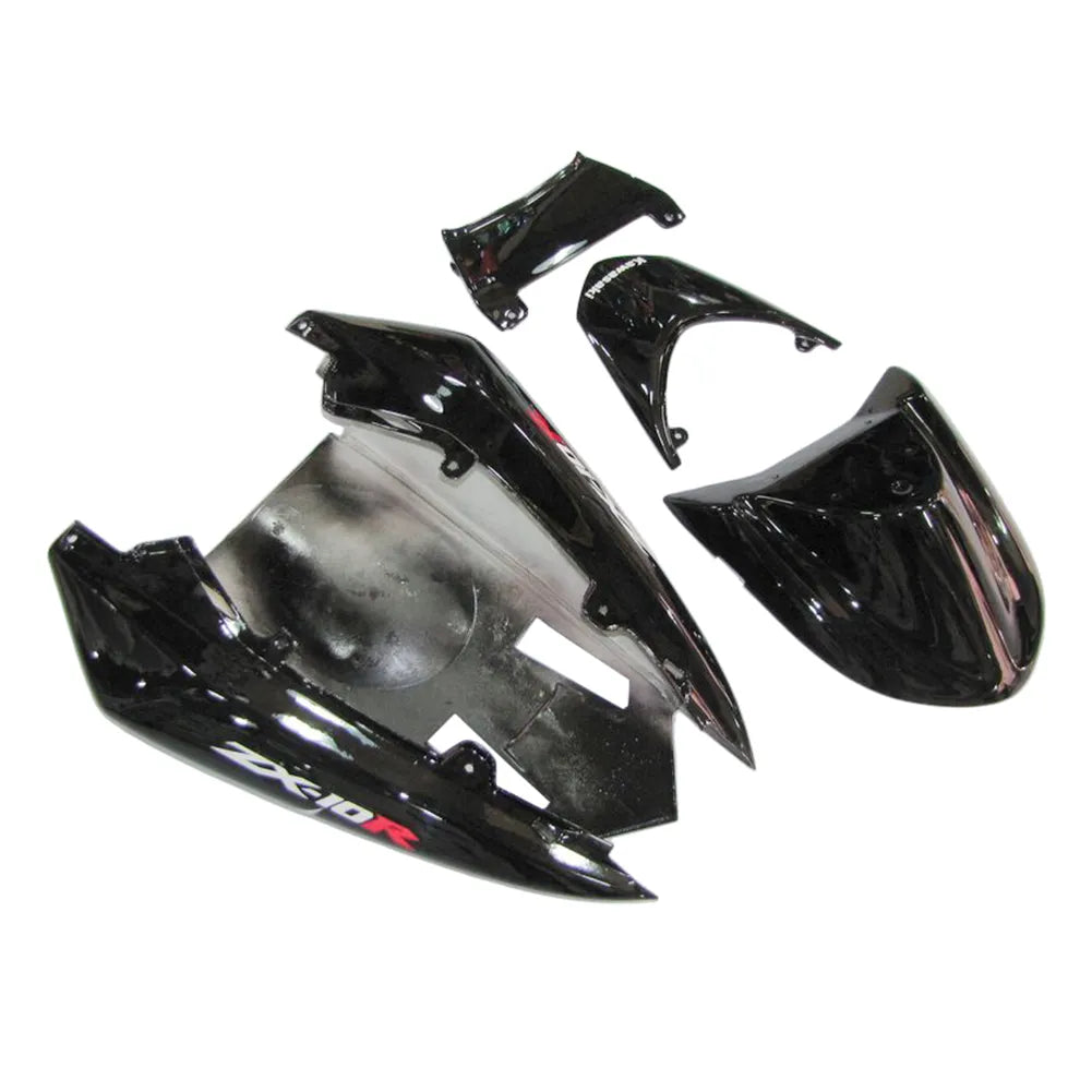 Kawasaki ZX-10R 2004-2005 Black Silver Flame fairing kit component layout with logos